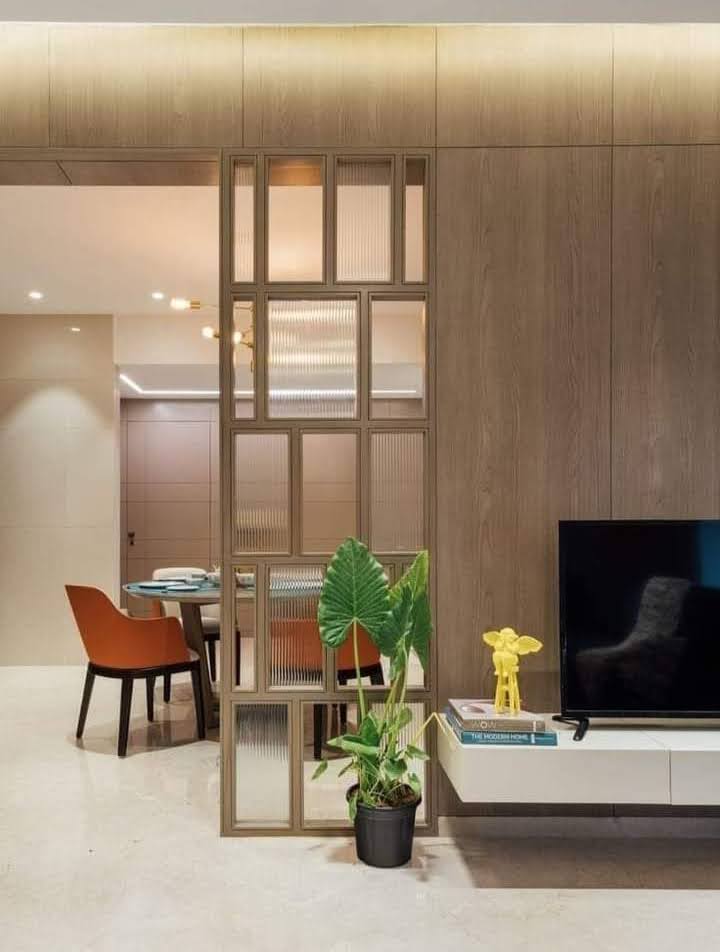 Modern L-Shaped Modular Kitchen with Quartz Countertop & Glass Overhead Cabinets - Execution #